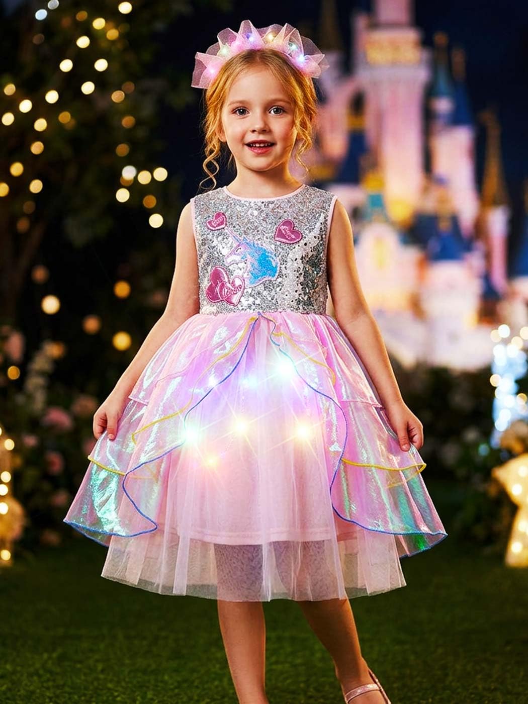 GORAIS Girls Light Up Tutu Dress Pink Sequin Princess Birthday Party Dresses for Kids - Image 3