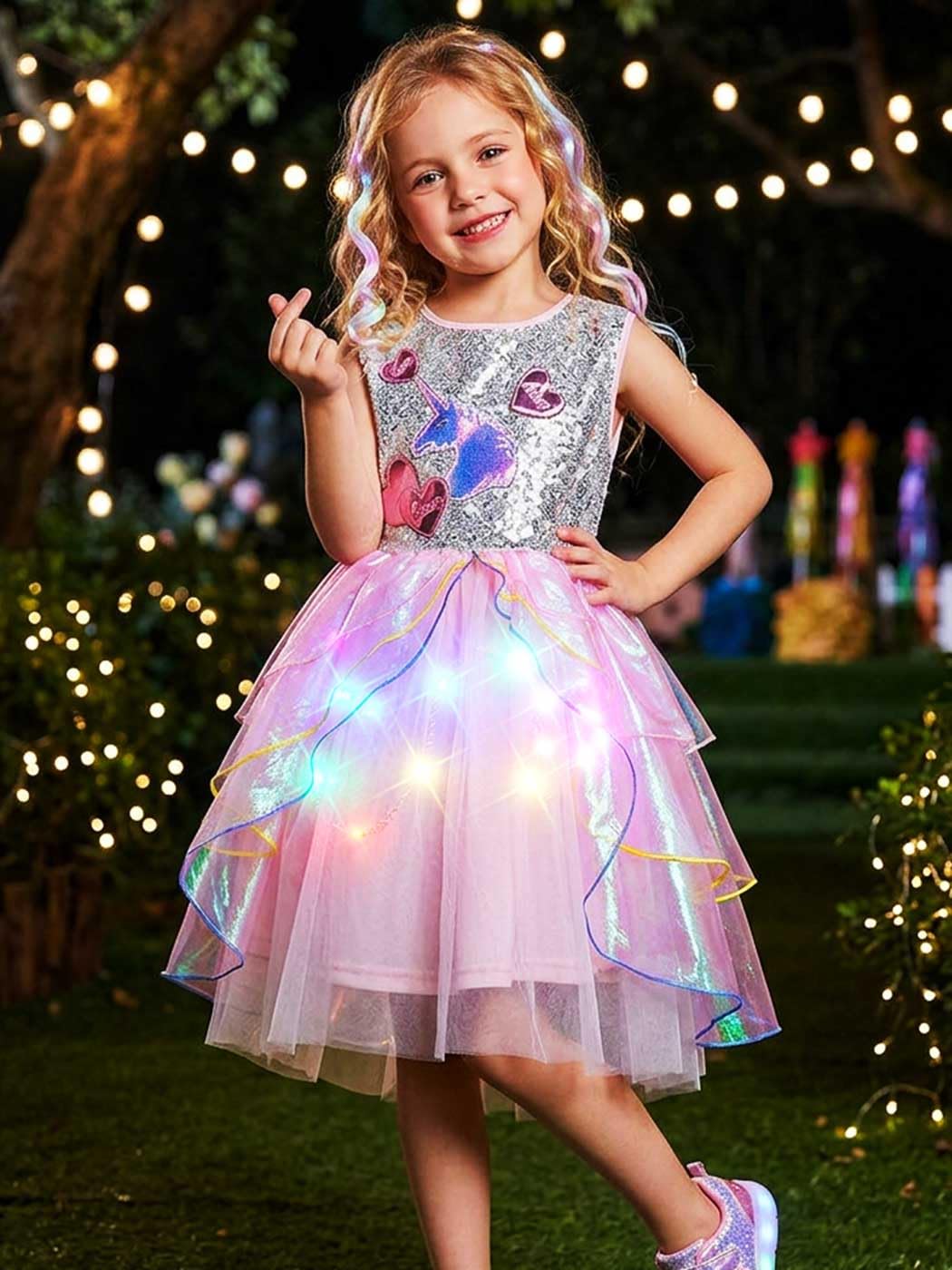 GORAIS Girls Light Up Tutu Dress Pink Sequin Princess Birthday Party Dresses for Kids - Image 6
