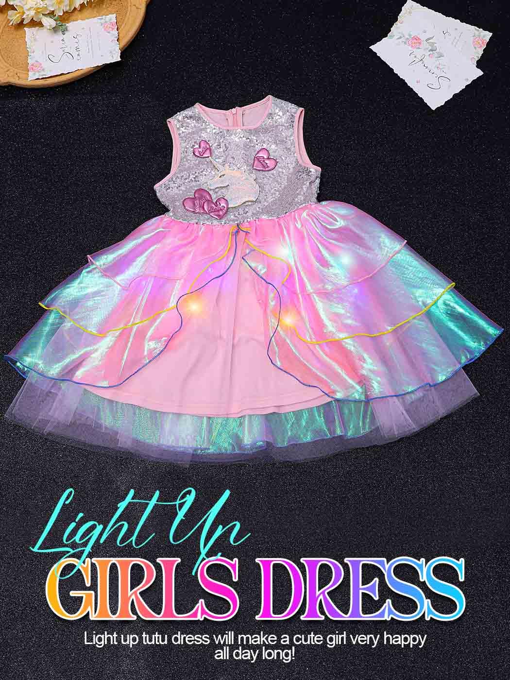 GORAIS Girls Light Up Tutu Dress Pink Sequin Princess Birthday Party Dresses for Kids - Image 7