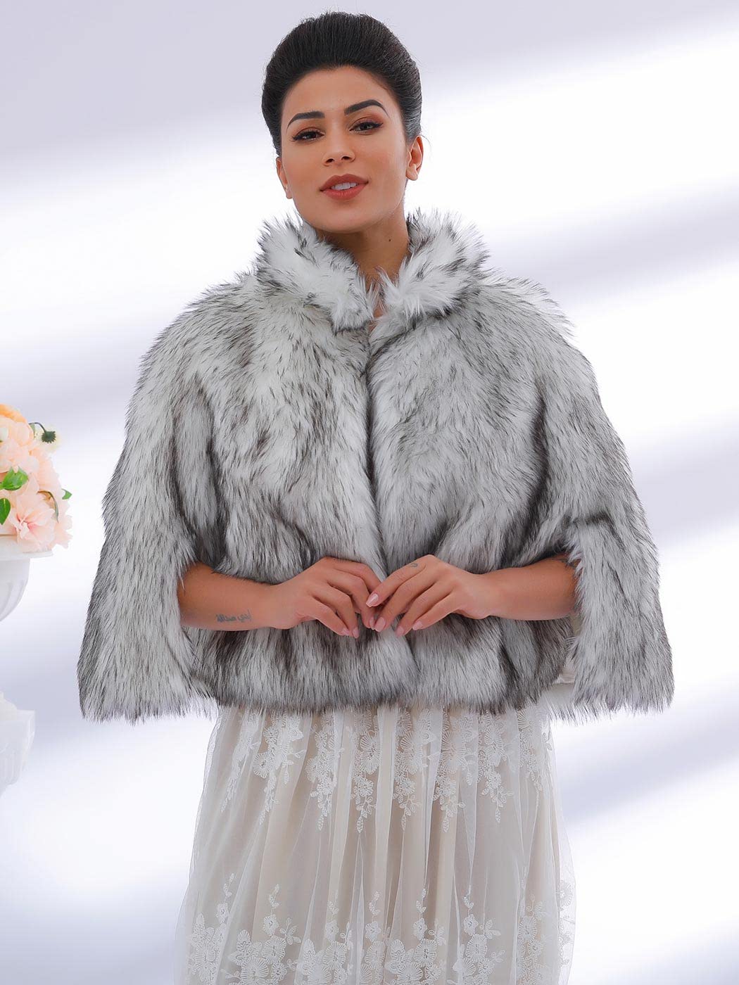 GORAIS Women's Faux Fur Cape and Wraps Bridal Fur Stole Wedding Shawls with Brooch for Bride and Bridesmaids - Image 3
