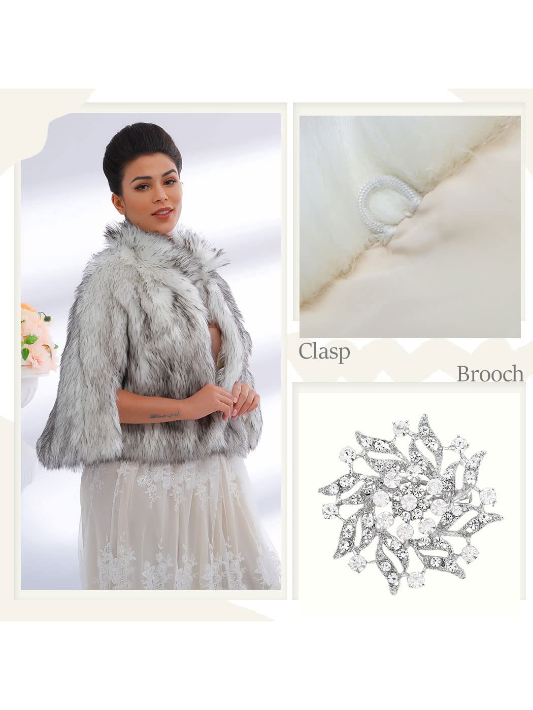 GORAIS Women's Faux Fur Cape and Wraps Bridal Fur Stole Wedding Shawls with Brooch for Bride and Bridesmaids - Image 6