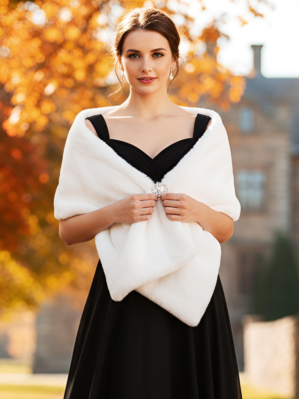 GORAIS Women's Wedding Faux Fur Shawls and Wraps Long Bridal Fur Scarf Stoles with Brooch for Bride and Bridesmaids - Image 5